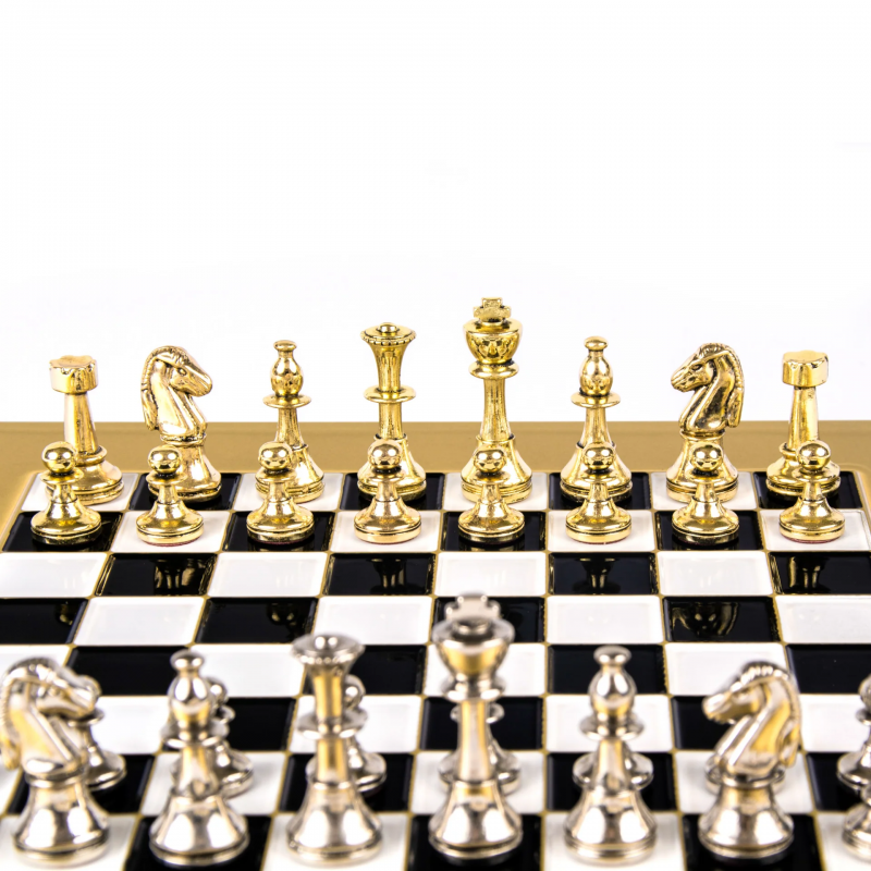 Šah set MANOPOULOS Classic Metal Staunton & Black/White Chessboard 28x28 cm