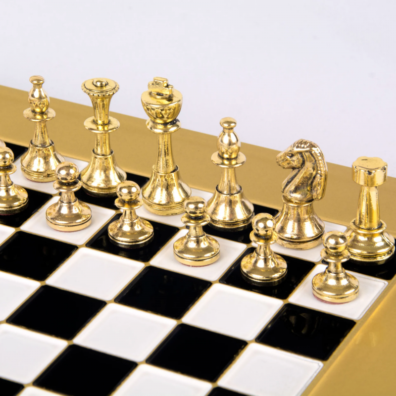 Šah set MANOPOULOS Classic Metal Staunton & Black/White Chessboard 28x28 cm