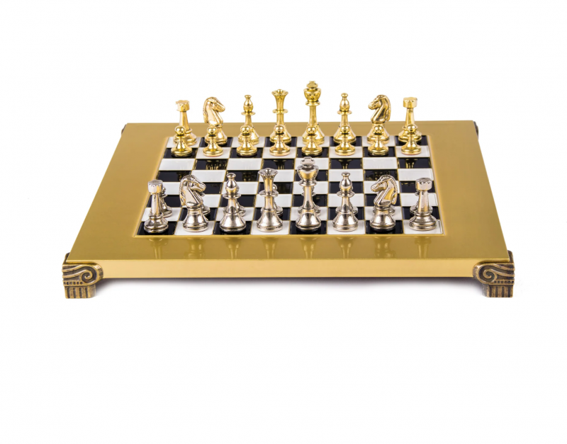 Šah set MANOPOULOS Classic Metal Staunton & Black/White Chessboard 28x28 cm
